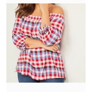 Lane Bryant Red Blue Plaid Off the Shoulder Gingham Patriotic  Size 22/24 Top